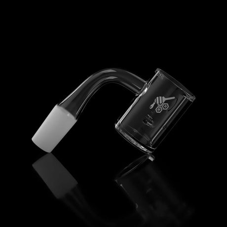 Honeybee Herb Whirlwind Quartz Banger at 90° angle, clear flat top design for dab rigs, side view on black
