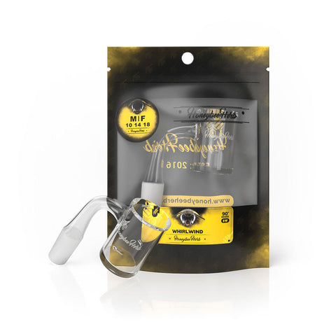 Honeybee Herb Whirlwind Quartz Banger at 90° angle, clear, for dab rigs, displayed in packaging