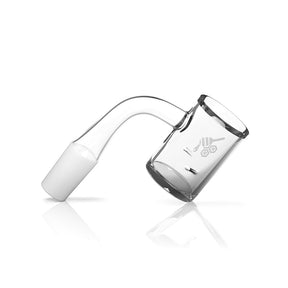 Honeybee Herb Whirlwind Quartz Banger at 90° angle, clear, for dab rigs, side view on white background
