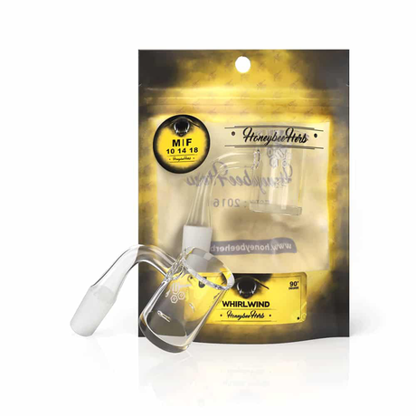 Honeybee Herb Whirlwind Quartz Banger at 90° angle, clear, for dab rigs, front view on branded packaging