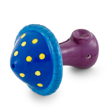 Fantasy Ceramic Mushroom Mini Pipe, vibrant blue cap with yellow dots, angled side view