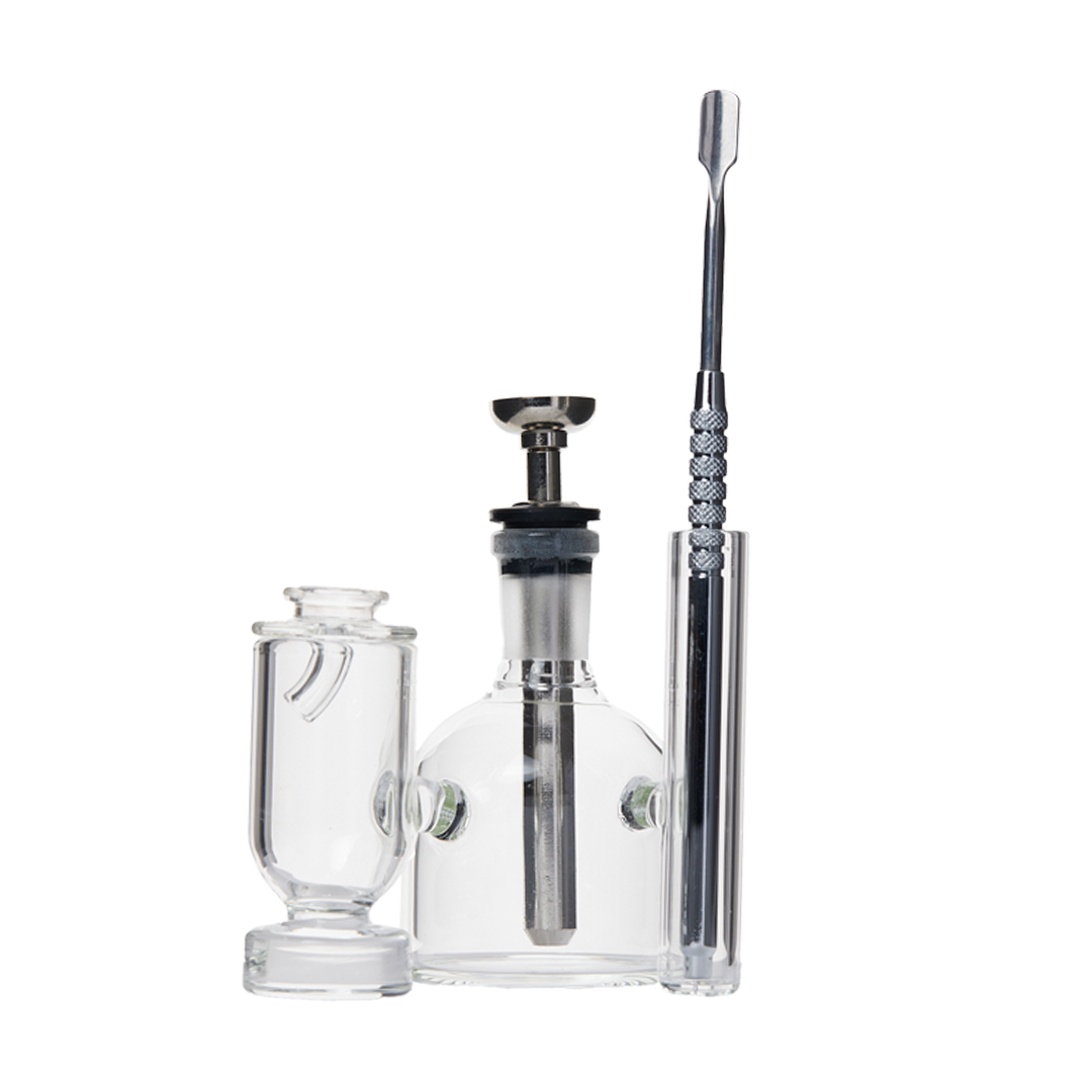 Apex Ancillary Iso Station cleaning kit with clear glass containers and metal tool, front view