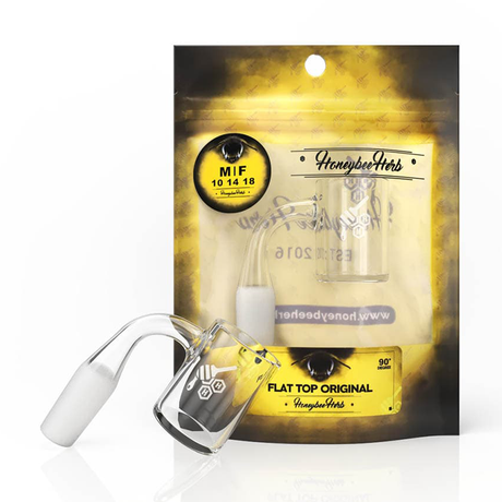 Honeybee Herb Banger with Flat Top, 14MM Female 90 Degree, Clear Quartz, Front View on Packaging