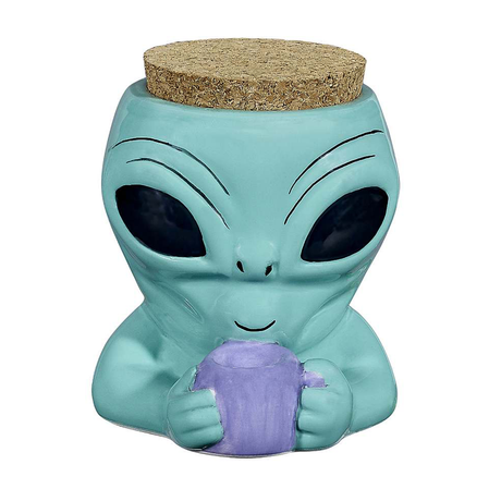 Fantasy Ceramic Alien Stash Jar with Cork Lid, Front View - Perfect for Home Decor