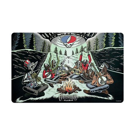Grateful Dead themed vinyl dab mat with vibrant campfire design, perfect for stoner home decor.