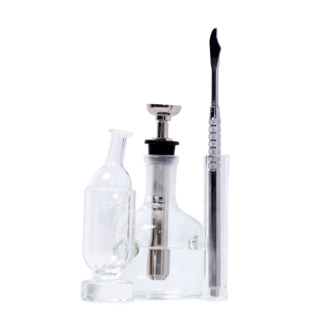 Apex Ancillary Iso Stations set with clear glass containers and metal dabber on white background