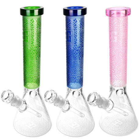 A-Maze-ing Etched Beaker Water Pipes in green, blue, and pink with intricate designs, front view