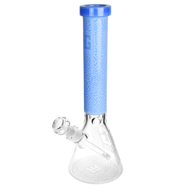 14.5" A-Maze-ing Etched Beaker Water Pipe with blue accents and intricate design, front view on white background