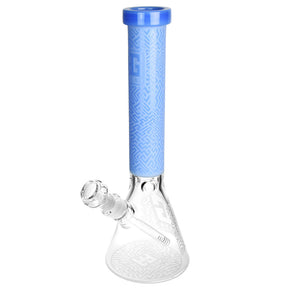 14.5" A-Maze-ing Etched Beaker Water Pipe with blue accents and intricate design, front view on white background