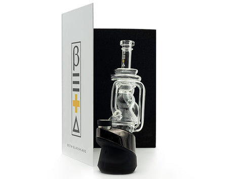 Beta Glass Labs Klein Peak Attachment for E-Rigs, clear glass on black base, side view with packaging
