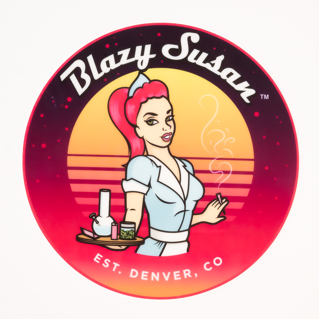 Blazy Susan Spinning Rolling Tray featuring retro waitress design, perfect for organizing smoking accessories