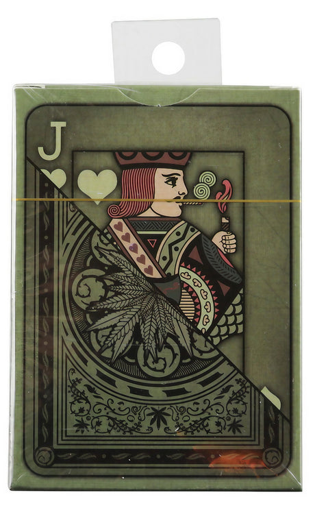 Aces High Weed Playing Cards in plastic packaging, front view, featuring a Jack with cannabis leaves design.