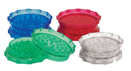 Colorful Acrylic 2-Piece Grinders for Dry Herbs, Portable and Compact Design, Top and Side Views