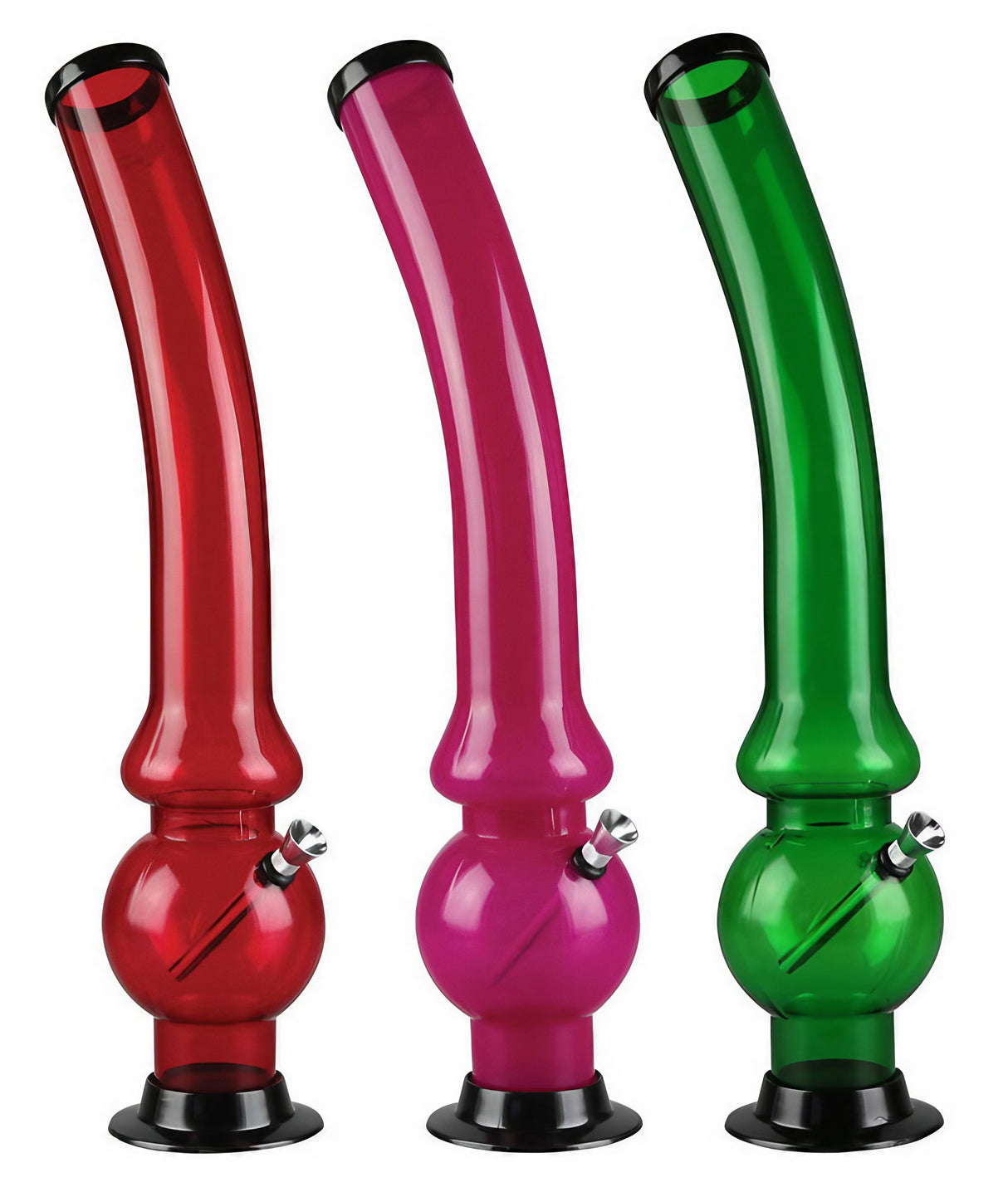 Trio of Acrylic Curved Neck Bongs with Bubble Base in Red, Pink, Green - 18" Tall