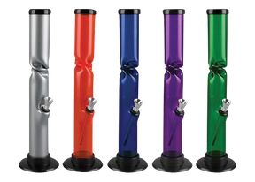 Assorted colors acrylic straight tube bongs with ice catcher and aluminum downstem, front view