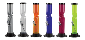 Assorted colorful acrylic straight tube water pipes with ice catchers, side view