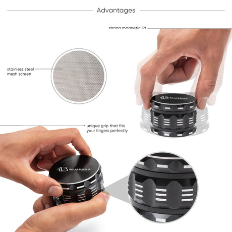 GAC 2.5" Ceramic Herb Grinder by Blue Bus with strong magnetic lid and stainless steel mesh screen