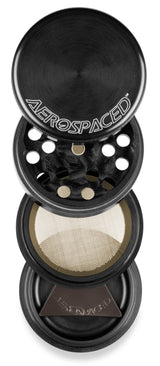 Aerospaced by Higher Standards 4-Piece Grinder, 1.6" Black, compact design with kief catcher, front view