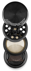 Aerospaced by Higher Standards 4-Piece Grinder, 1.6" Black, compact design with kief catcher, front view