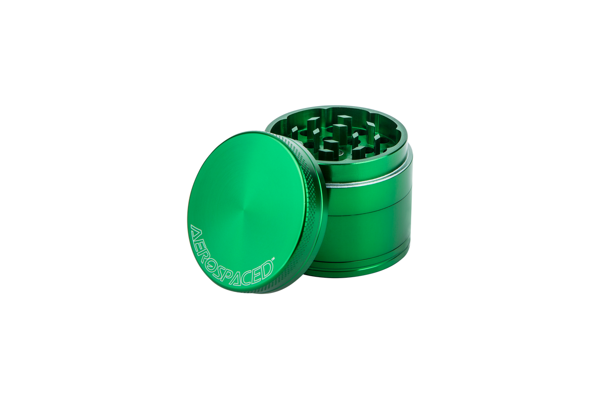 Aerospaced by Higher Standards 4-Piece Grinder in Green, 1.6" Compact Aluminum Design, Angled View