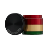Aerospaced by Higher Standards 4-Piece Grinder in Rasta colors, compact 2.0" design, portable and durable