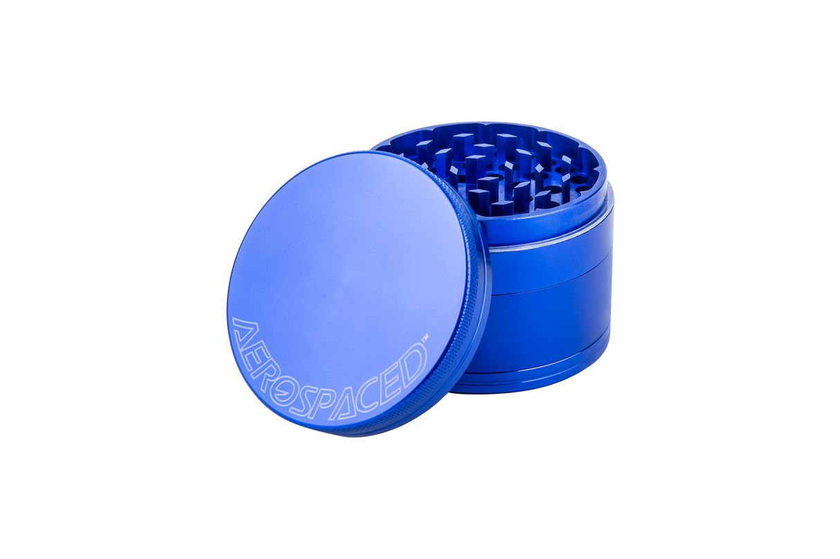 Aerospaced by Higher Standards 4-Piece Grinder in Blue, 2.0" Compact Aluminum Design, Isolated on White