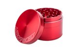 Aerospaced by Higher Standards red 4-piece aluminum grinder, 2.5" size, for dry herbs - angled view