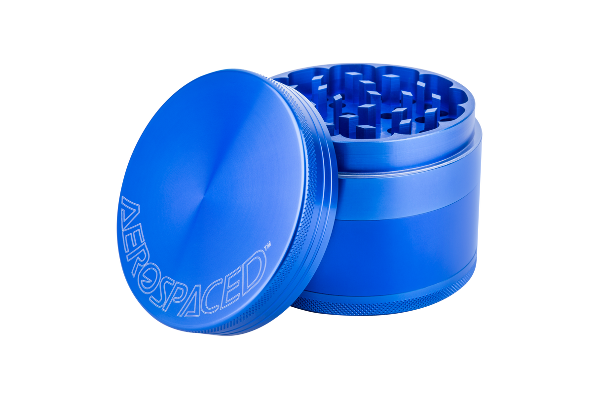 Aerospaced by Higher Standards 2.5" Blue 4-Piece Aluminum Grinder for Dry Herbs, Angled View