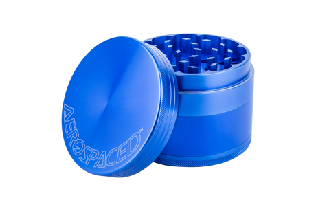 Aerospaced by Higher Standards 2.5" Blue 4-Piece Aluminum Grinder for Dry Herbs, Angled View