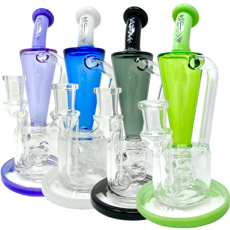 AFM Boomcycler 9" dab rigs in various colors with recycler percolator design, front view