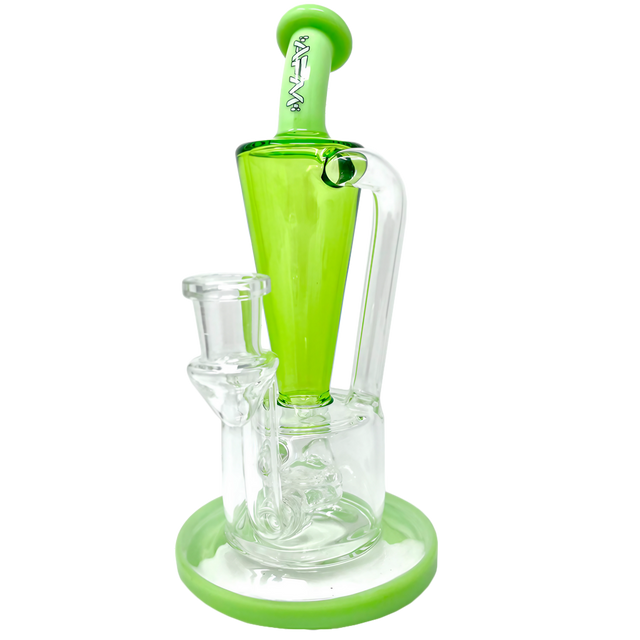 AFM Boomcycler 9" Dab Rig with Recycler Percolator, Green Accents, Front View on White Background