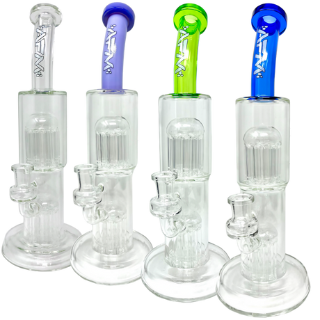 AFM Double Cosmos Rig bongs with percolator, 12" tall, in various colors, front view on white background