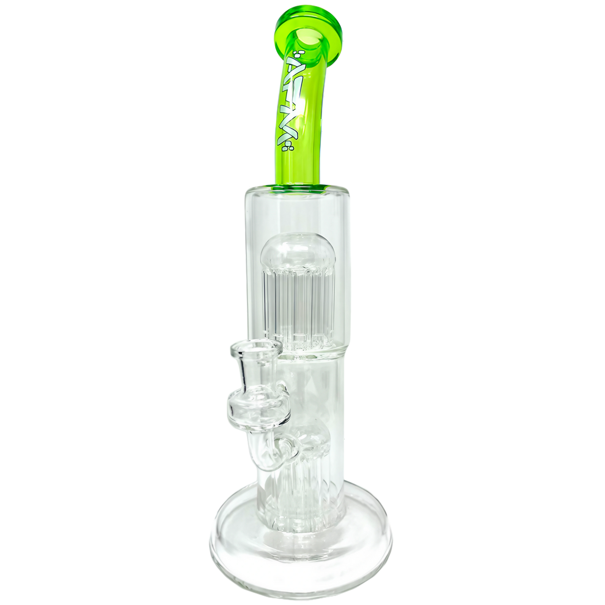AFM Double Cosmos Rig 12" with clear borosilicate glass and green accents, featuring percolator and recycler design