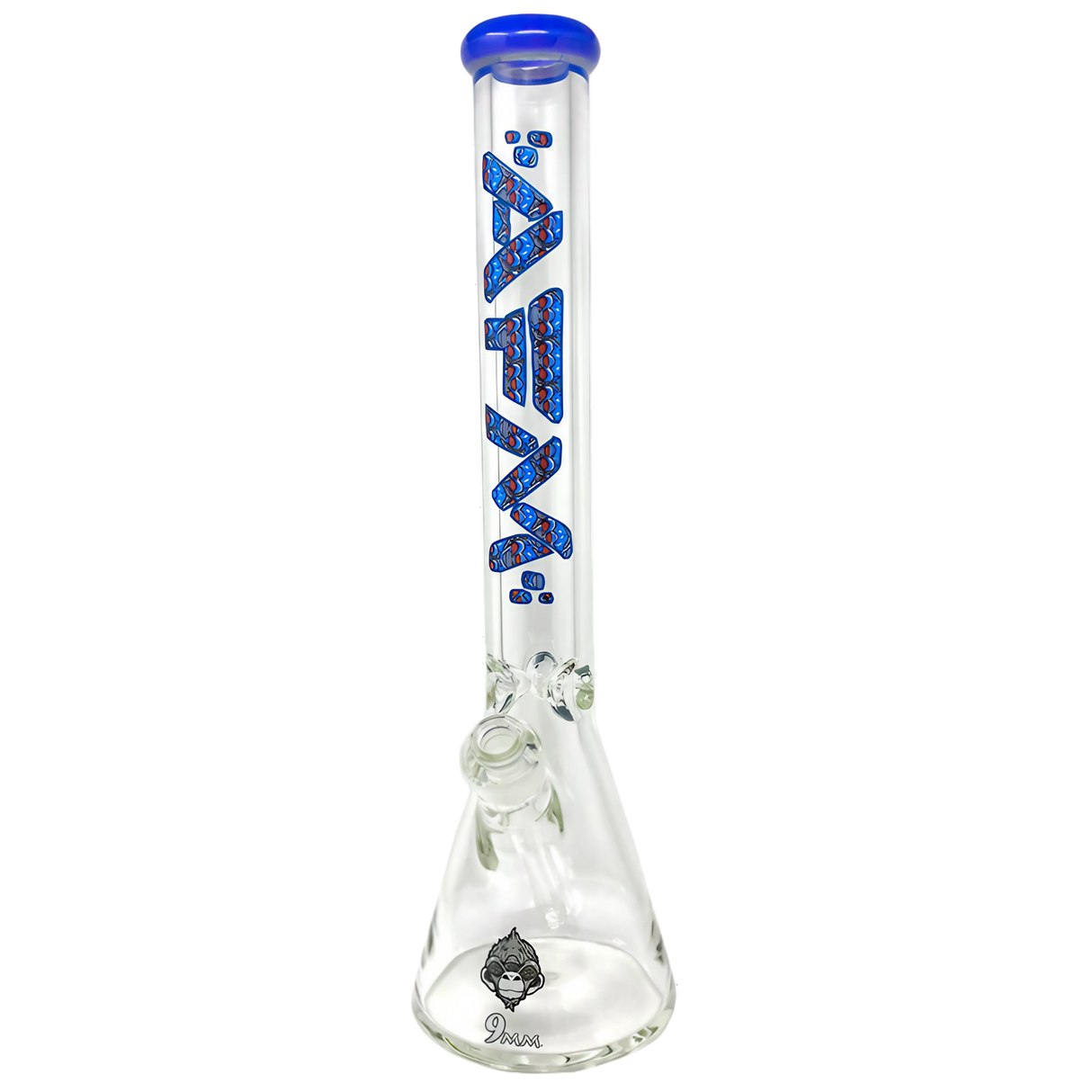 AFM Glass - Beaker 18" 9mm Bong Front View with Blue Accents for Dry Herbs
