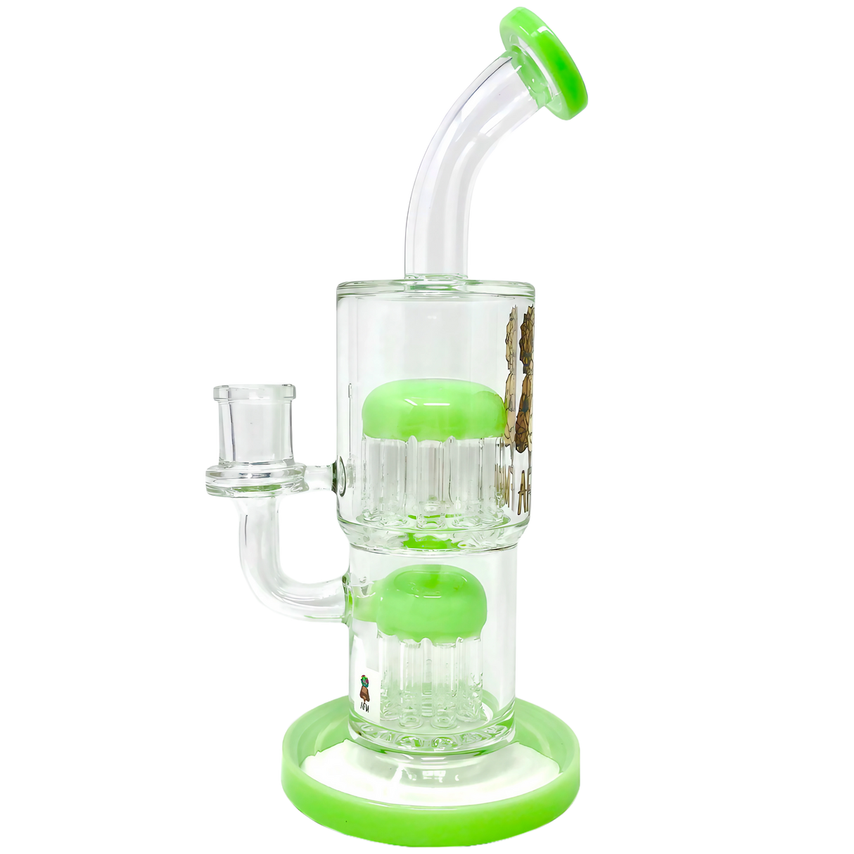 AFM Glass Double Tree Perc Dab Rig in Green, 9.5" with 14mm Joint, Front View on White Background