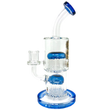 AFM Glass Double Tree Perc Dab Rig with Blue Accents and Clear Body - Front View