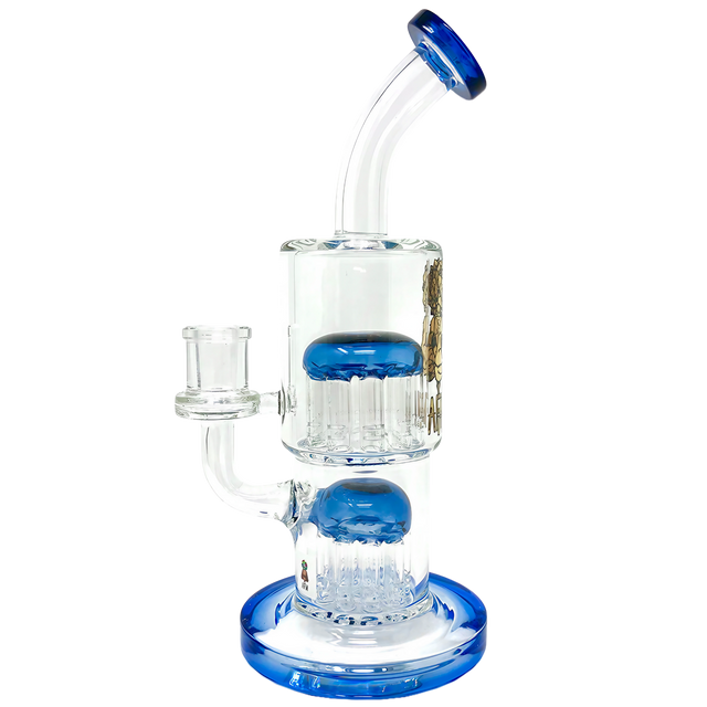 AFM Glass Double Tree Perc Dab Rig with Blue Accents and Clear Body - Front View
