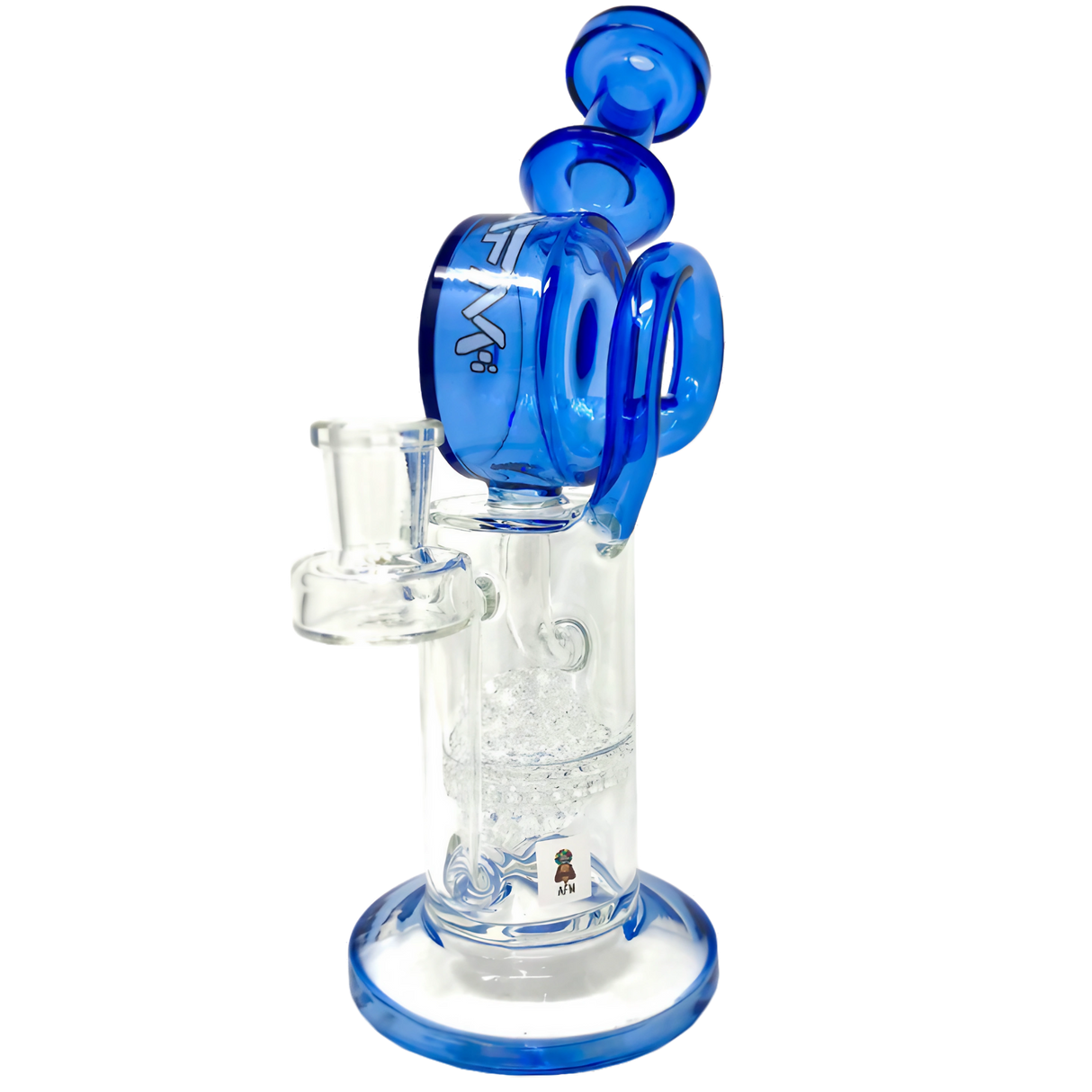 AFM Glass Honey Bowl Recycler 9.5" Dab Rig, Front View with Honeycomb Perc and Blue Trim