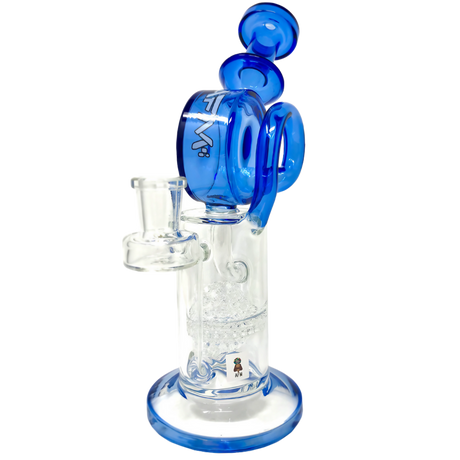 AFM Glass Honey Bowl Recycler 9.5" Dab Rig, Front View with Honeycomb Perc and Blue Trim