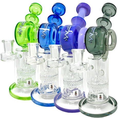 AFM Glass Honey Bowl Recycler Dab Rigs in various colors with honeycomb percolator, 9.5" height