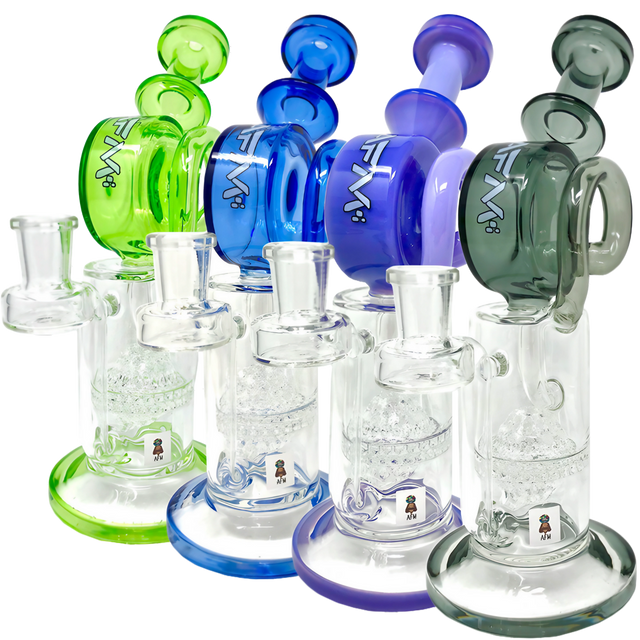 AFM Glass Honey Bowl Recycler Dab Rigs in various colors with honeycomb percolator, 9.5" height