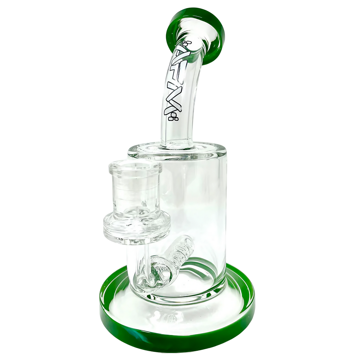 AFM Glass Inline Matrix Rig 7.5" with clear borosilicate glass and green accents, front view on white background