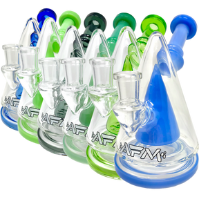 AFM Glass - The Cone Head Rig lineup in green and blue variants with banger hanger design