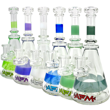 AFM Glass Pyramid Rigs in various colors with clear borosilicate glass and percolator, 8" height