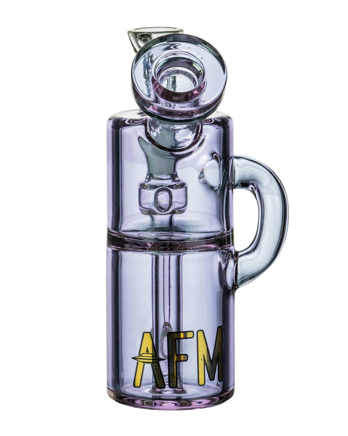 AFM Mini Can Recycler dab rig with clear and purple borosilicate glass, front view on white background