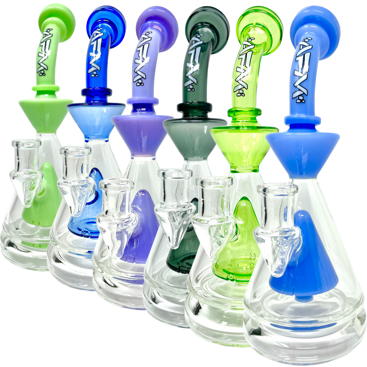 AFM Pyramid Platform Rigs in various colors with slitted pyramid percolator, 9" tall, side view