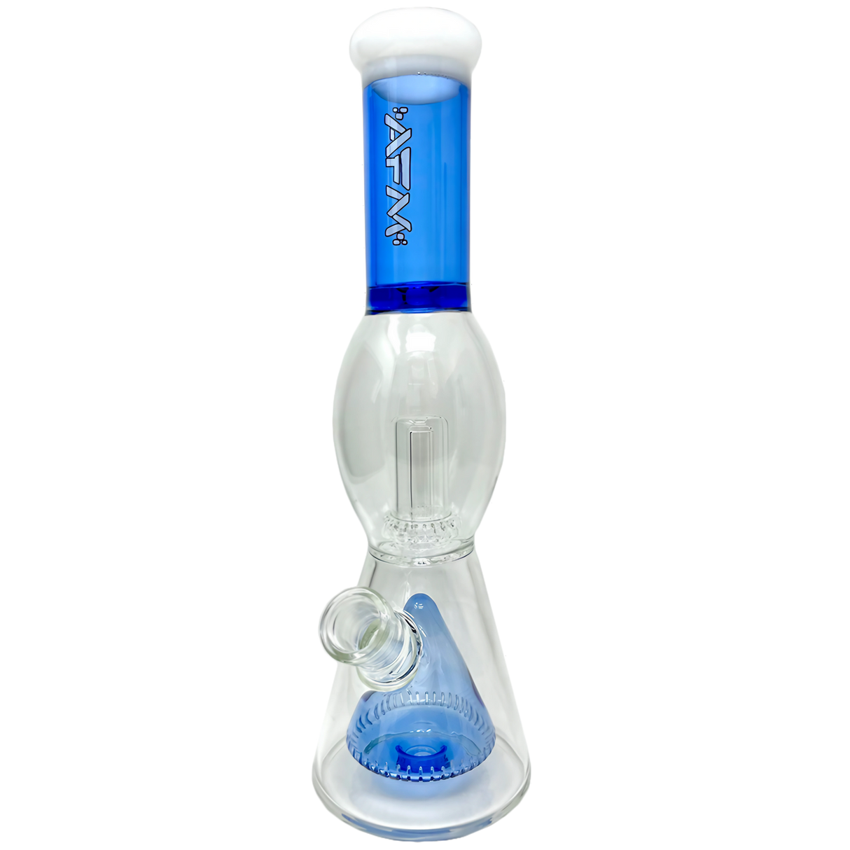 AFM Pyramid UFO Beaker Bong in Blue, 13" with Showerhead Percolator, Front View on White Background