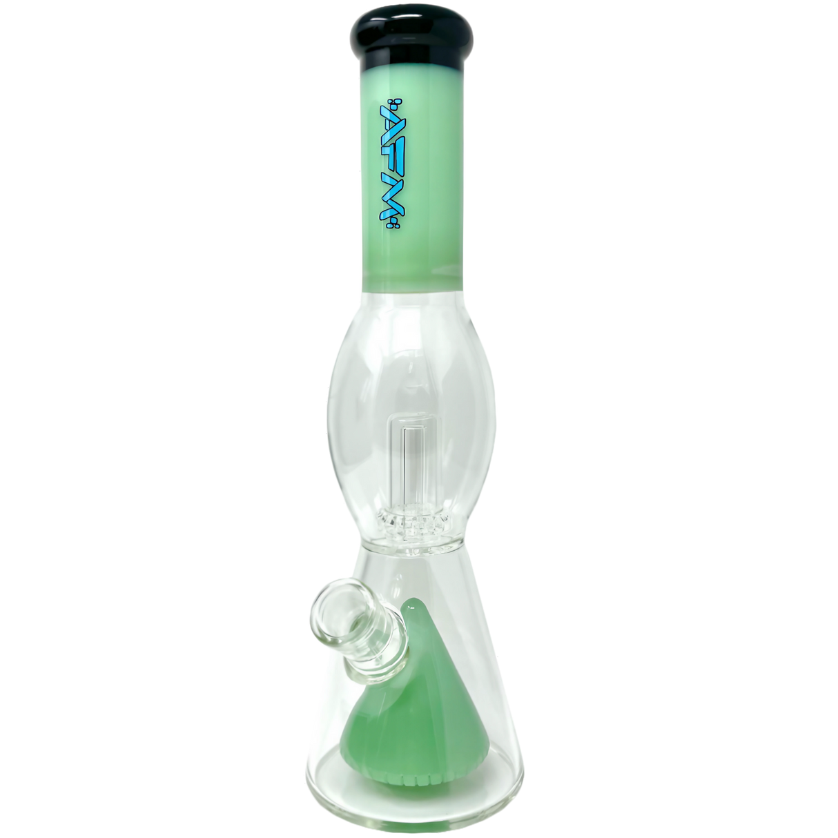 AFM Pyramid UFO Beaker Bong in Mint Green, 13" Tall with Showerhead Percolator, Front View