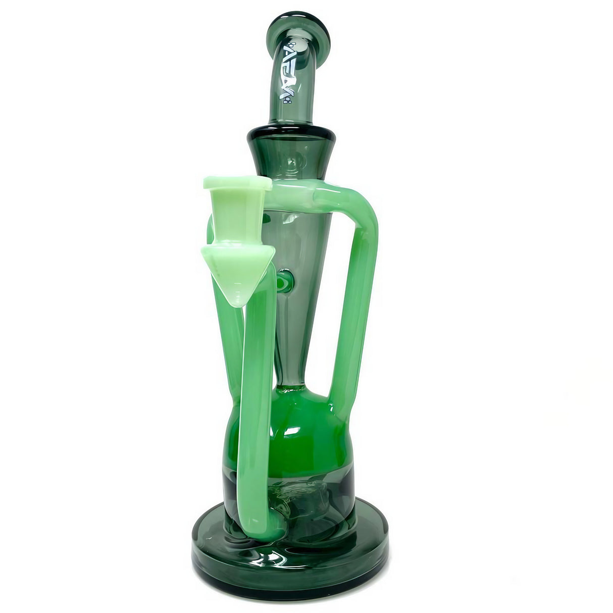 AFM Spaceship Cycler 9" Dab Rig in Green, Front View with Percolator and Recycler Design