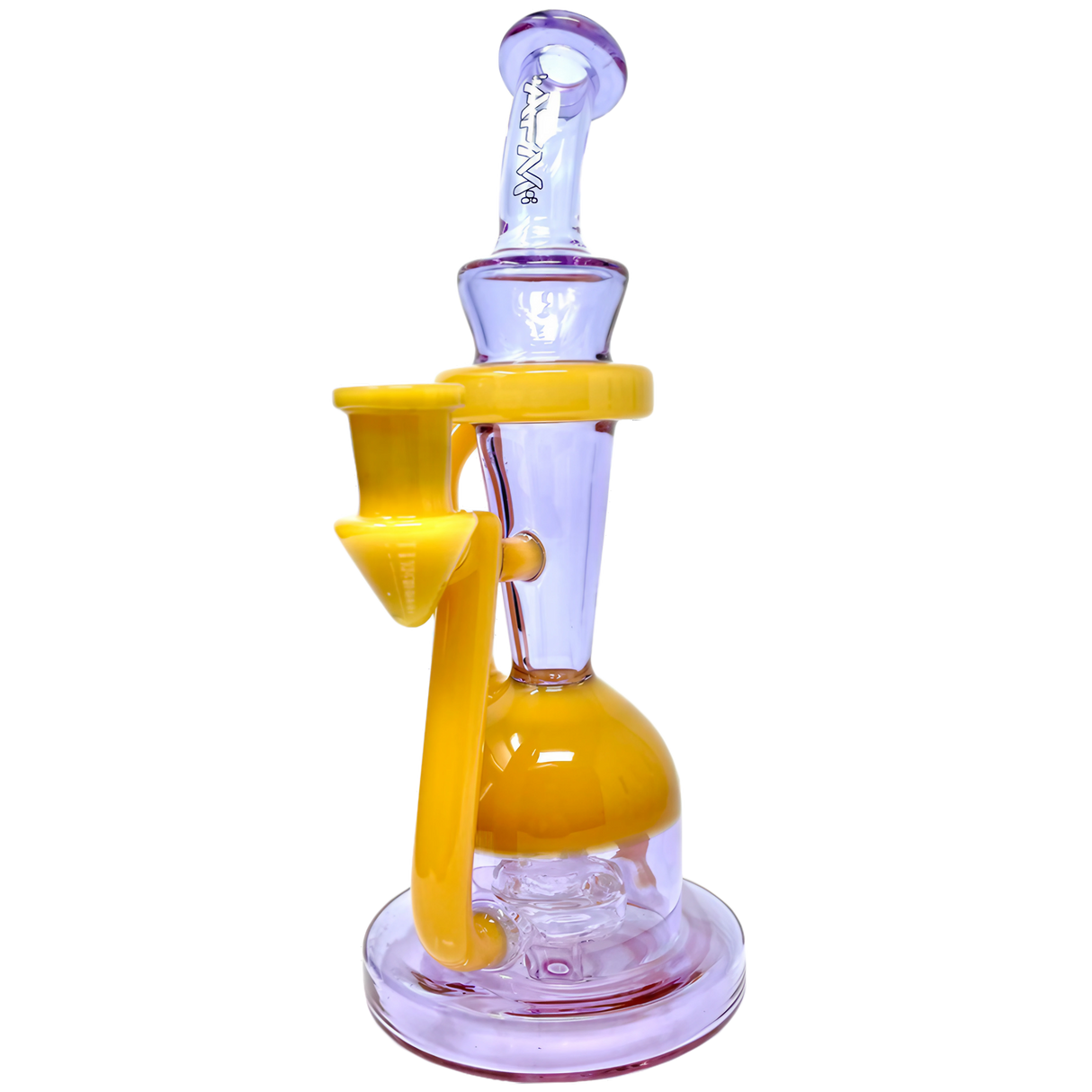AFM Spaceship Cycler 9" Dab Rig in Purple/Orange with Percolator, Front View on White Background